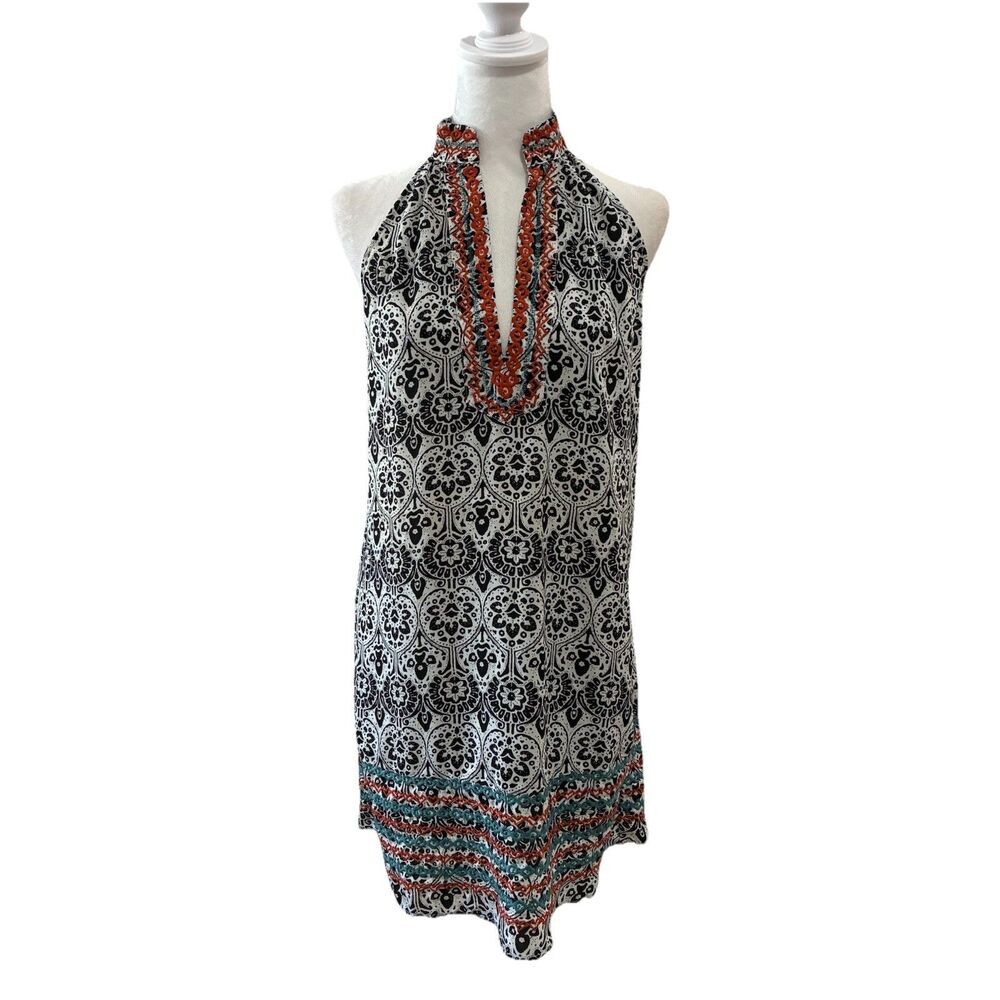 THML Embroidered Dress Large Sleeveless Black Floral High Collar V-Neck Boho